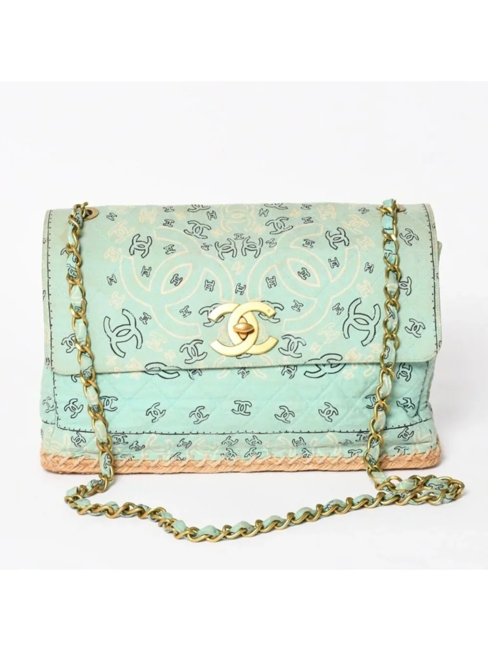 Chanel Maxi Quilted 33 S Flap S Chain Shoulder Bag CC Logo Paisley Light Blue